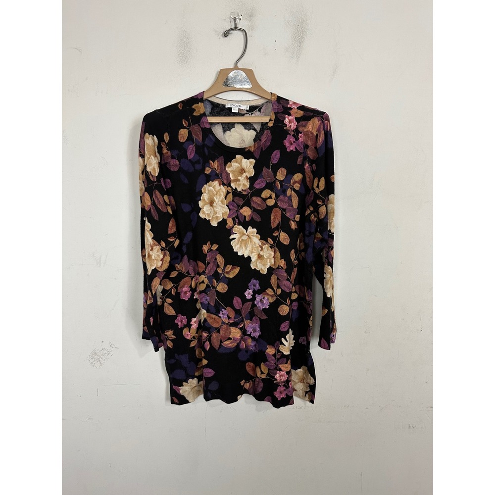 Chicos Floral Crew Neck Long Sleeve Sweater Black Purple Tan Size 2 Large